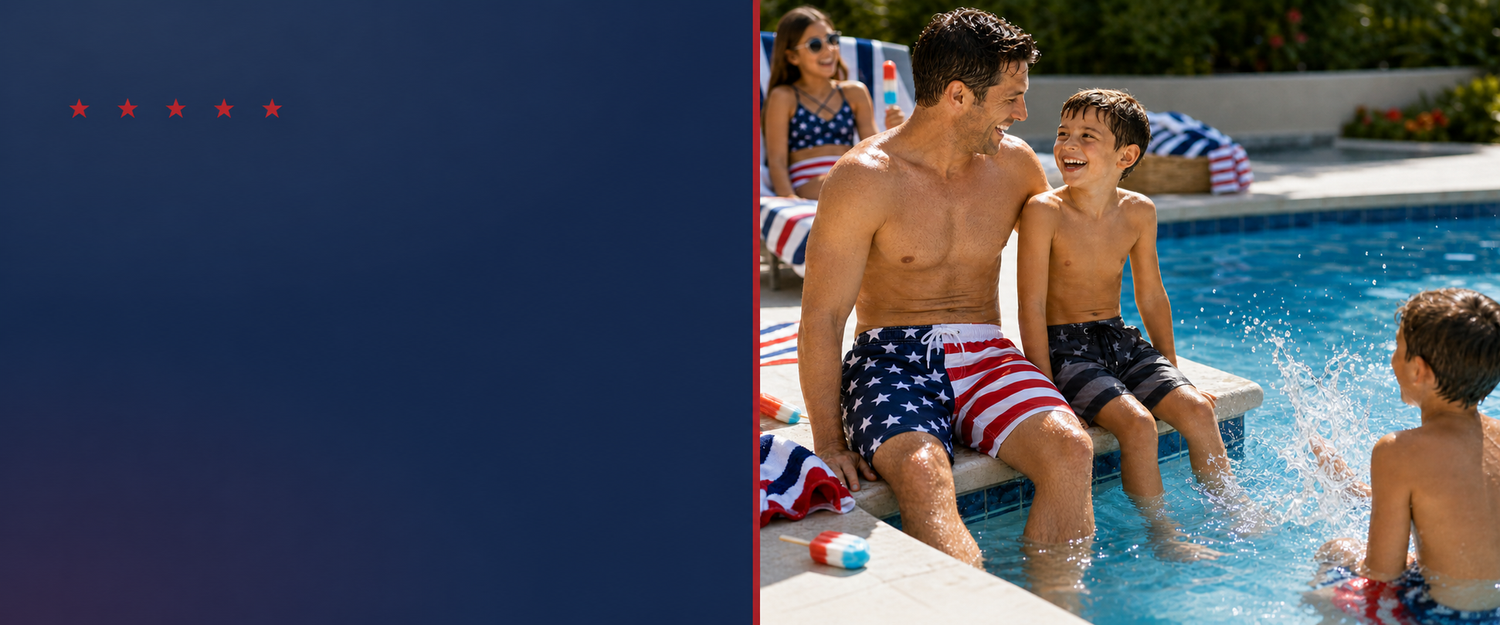 Man and two boys in a pool with American flag swim trunks