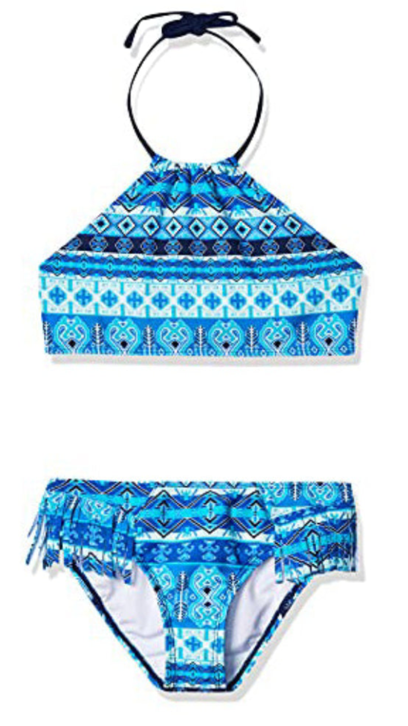 Blue patterned bikini set on a white background